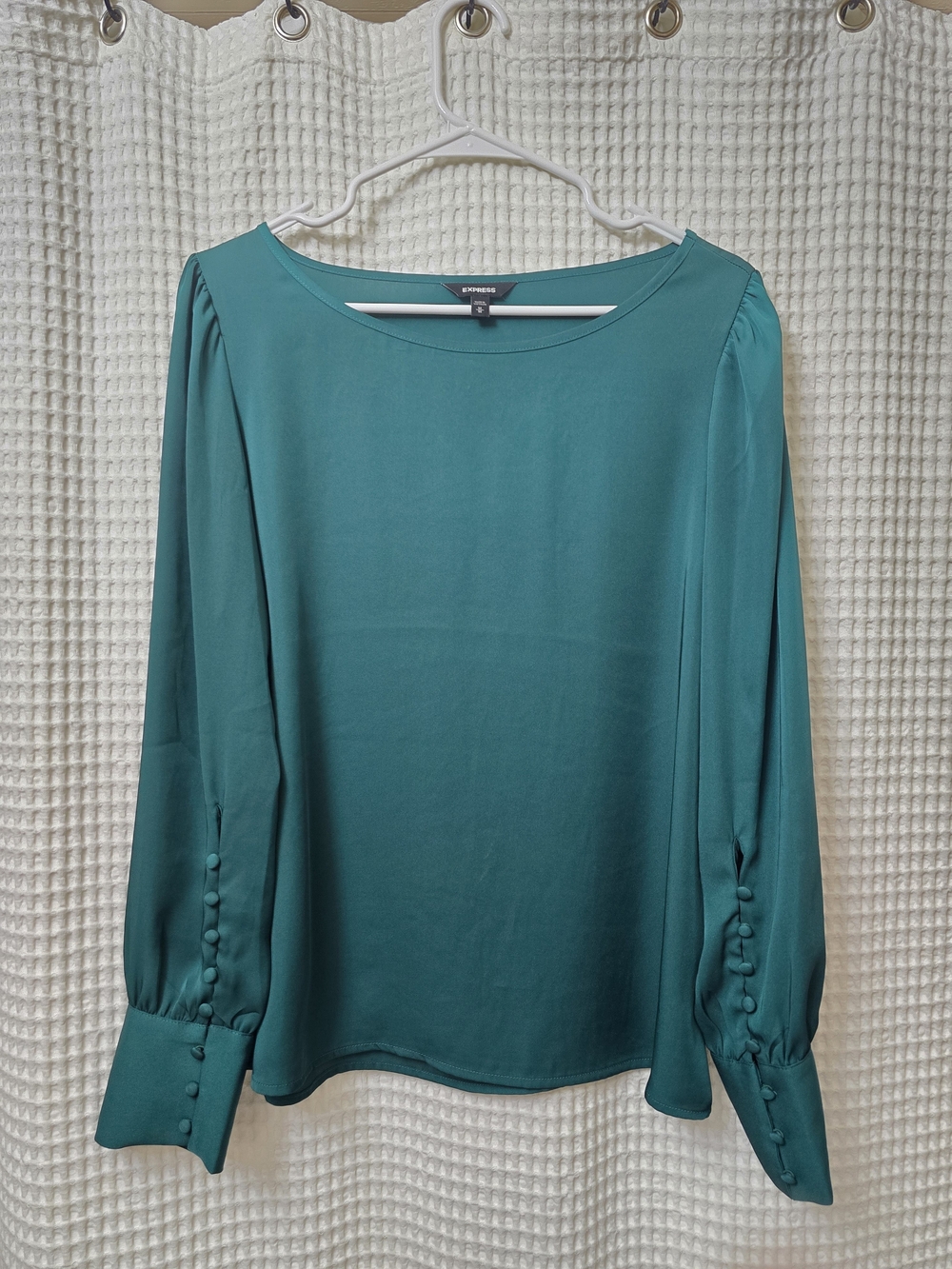 Express Women's Emerald Green Long-Sleeve Blouse- Medium